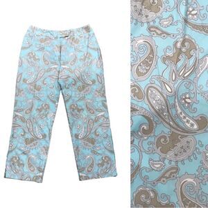 Madison Hill Paisley Pants Blue Tan Soft Cotton Straight Leg Print Stretch Crop